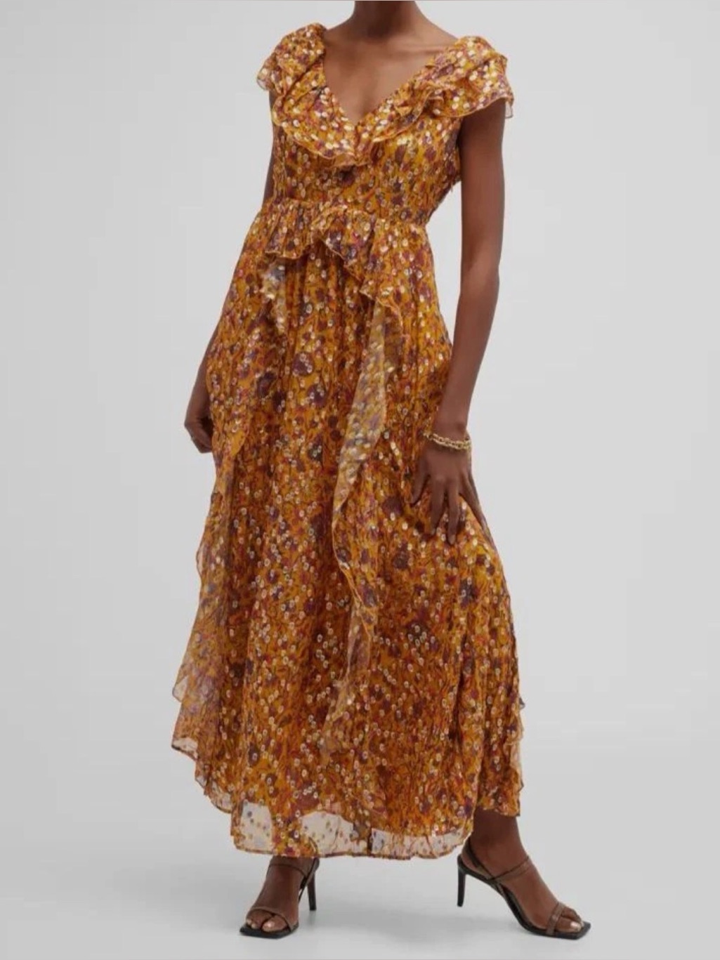 Marie Oliver Women's Yellow Jayda Silk Floral Metallic-Dot Gown Dress Sz 2